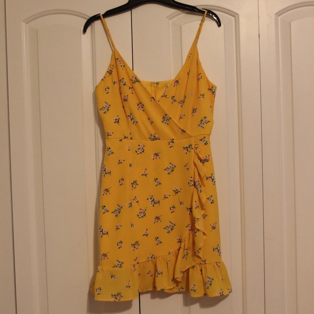 Altar'd State Yellow Floral Adjustable Strap Mini Wrap Dress with Ruffle Hem Med